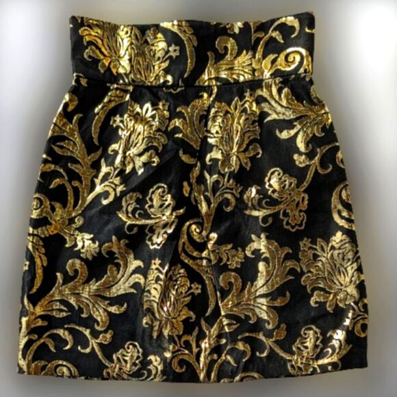 ABS Allen Schwartz Luxury Collection Mini Skirt Black Gold Metallic Sz 2 - Picture 1 of 9
